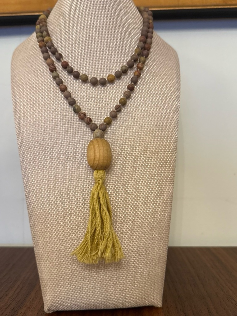 Spiritual Mala Beaded Brown and Mustard Tassel Necklace - size 31” & 4” pendant